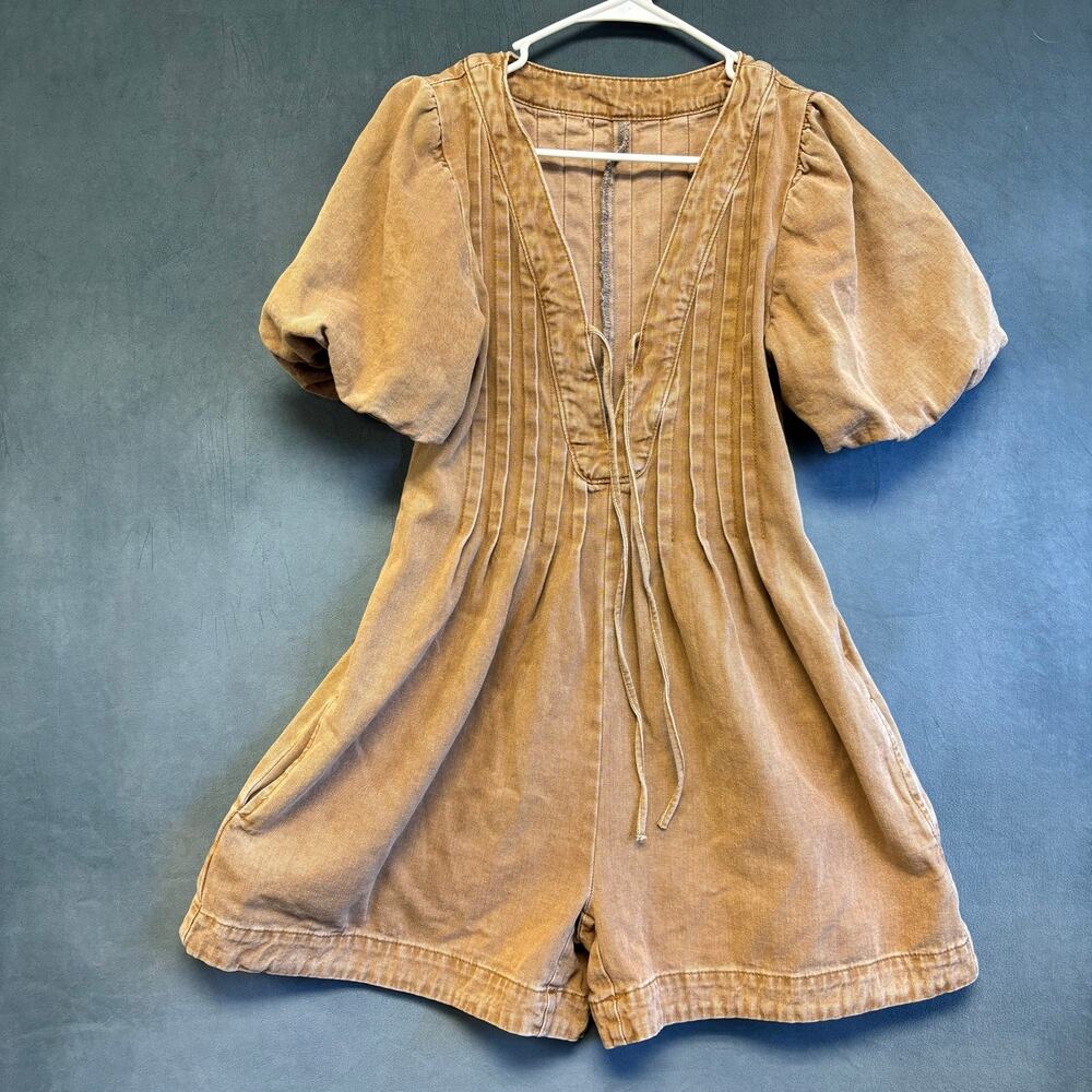 Westfäde Brown Denim Romper Puff Sleeve Pleated Cottagecore Jumpsuit
